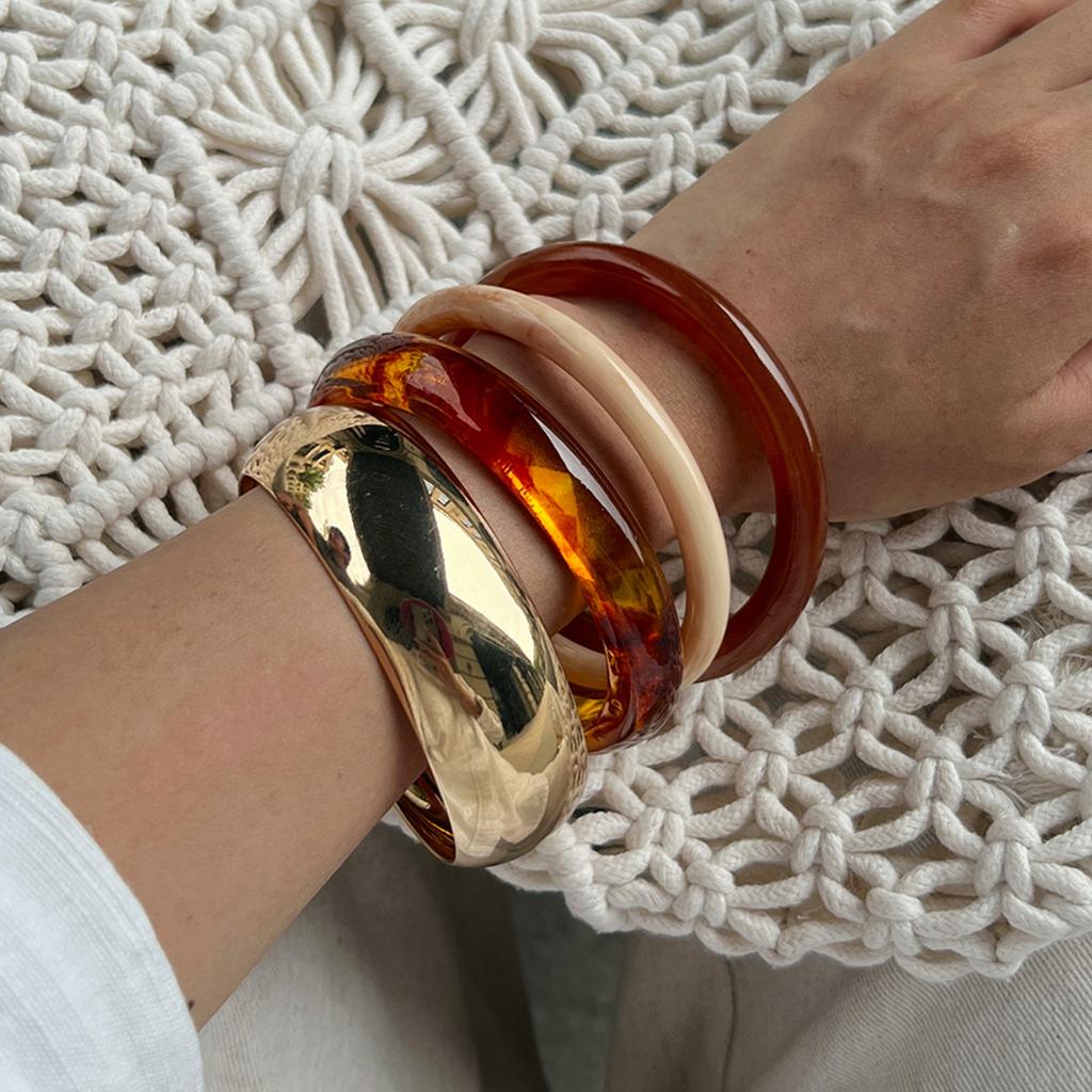 Vintage Amber Smudged Acrylic Bracelet, Stylish Marble Resin Wide Bracelet