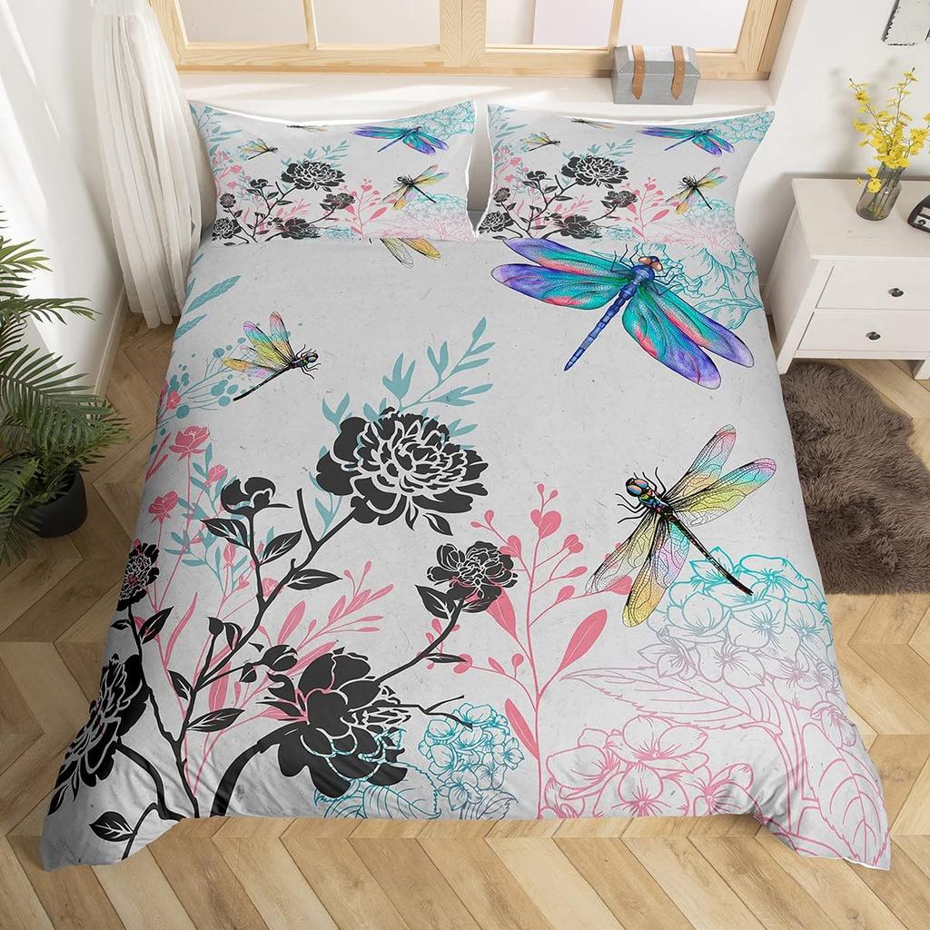 Comforter Dragonfly Flowers Bedding Set Rustic Aesthetic Animal Dragonflies Farmhouse Comforter Gifts For Women Girls