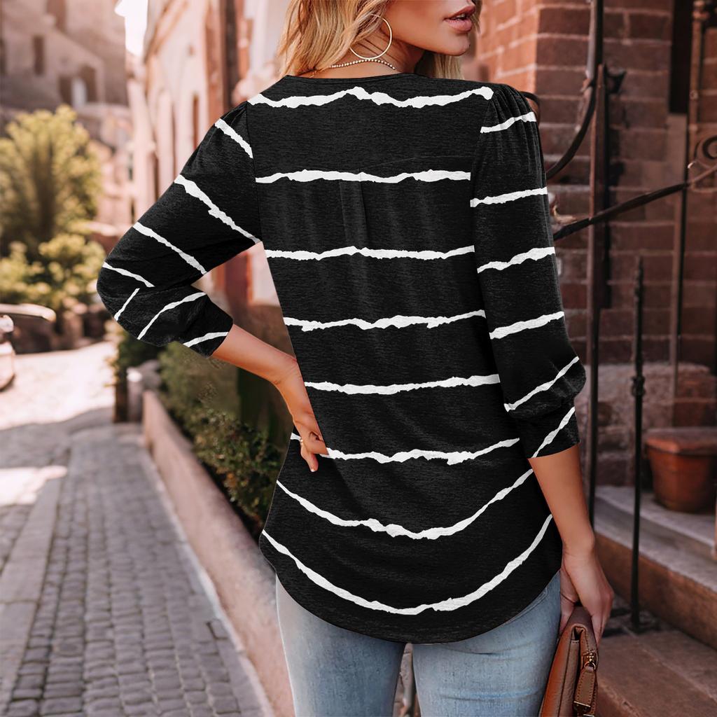 Women's Fashionable Casual Three,quarter Sleeve Button Plaid Striped Print Round Neck Top