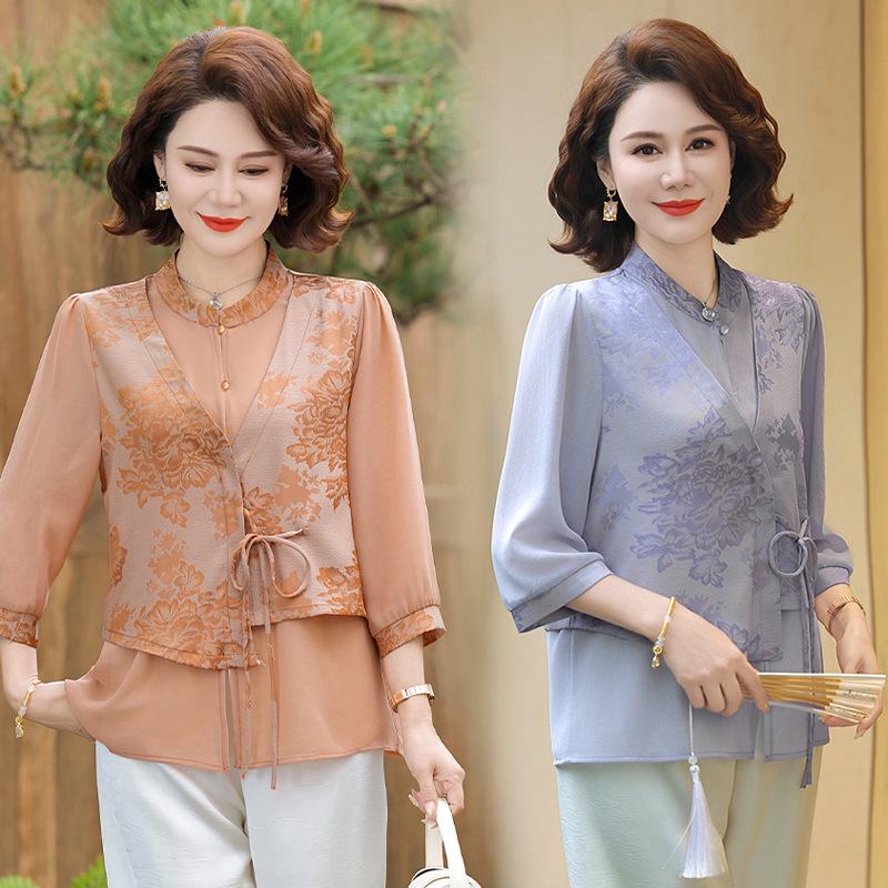 2026 Floral Summer Set for Middle-aged Women: Chinese Style Shirt Blouse