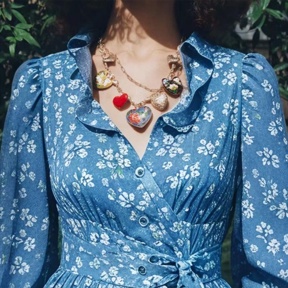 Tropfendes Öl Großes Herz Anhänger Halskette Blume Schlüsselbeinkette Doppellagige Halskette Party