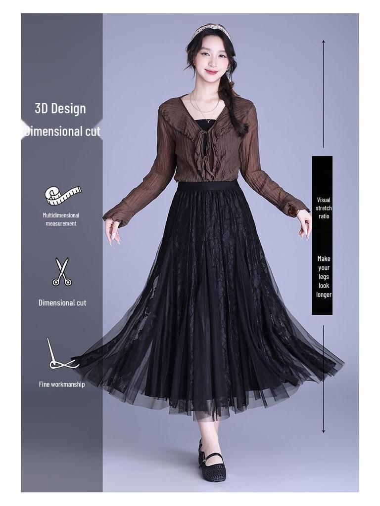A-line Midi Skirt: High Waist Mesh Lace Patchwork for Women - Spring/Summer 2026