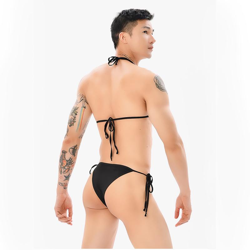 Men's Sexy Sex Set Solid Color Bikini Split Split Lace-up Temptation Bra Temptation Bra Panty Combination