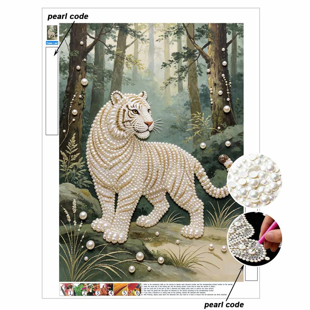 DIY Pearl Diamond Art Painting Kits for Adult and Beginners, Majestic White Tiger Sparkling Painting Craft Home Wall Decor Handmade Gift