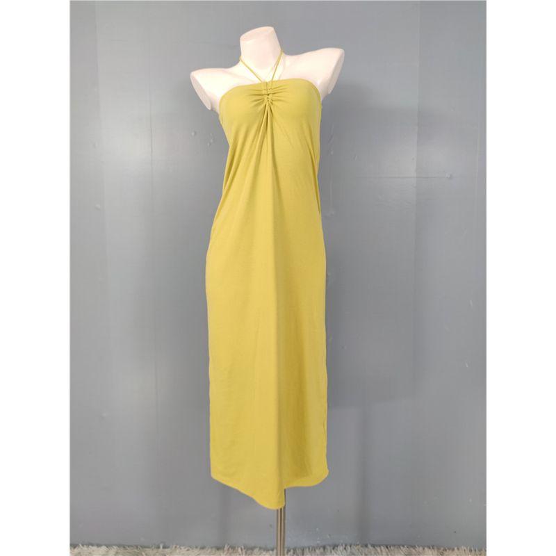 

Export Single Sexy Fashion Elegance Halter Backless Slimming Lace-up Stretch Island Holiday Beautiful All-Match Dress Mustard Green XS
