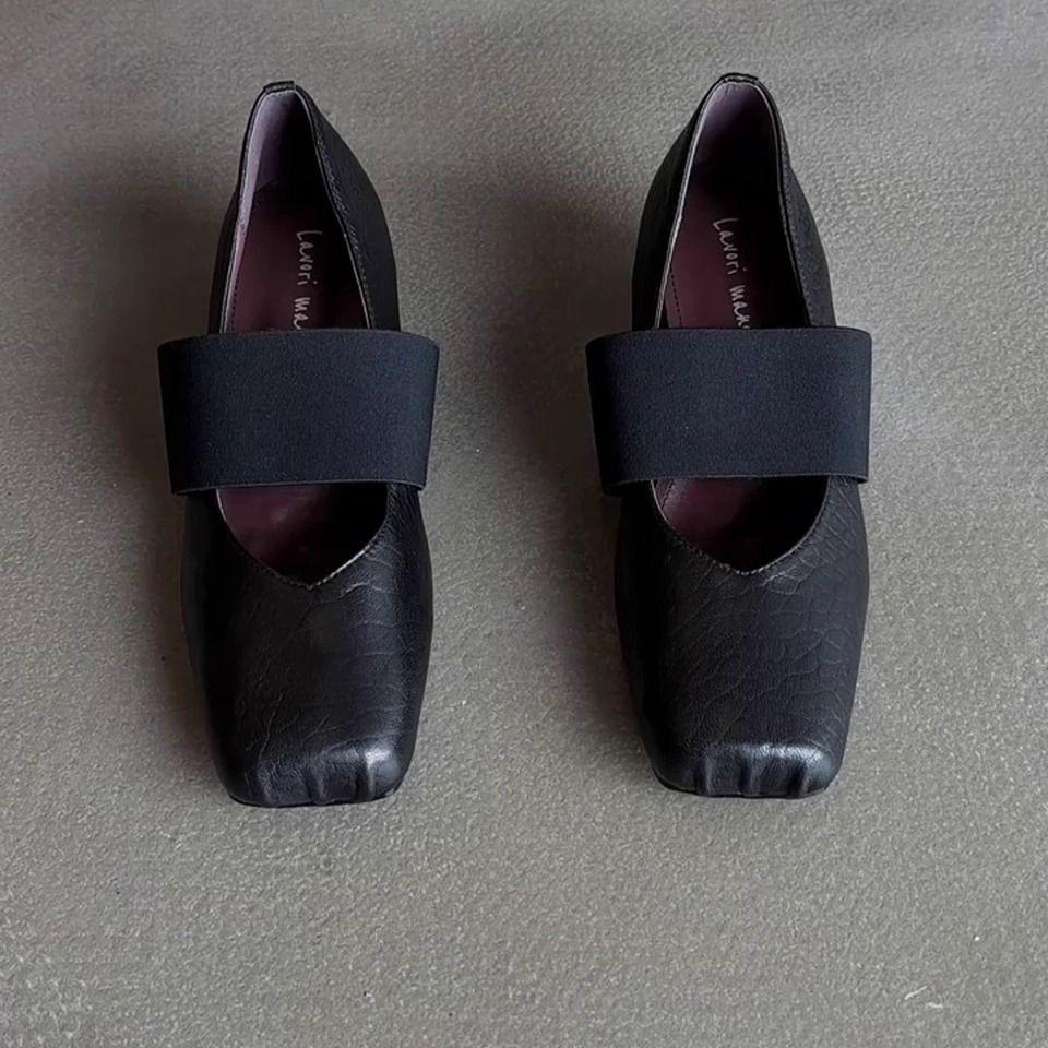 French retro style versatile, simple and comfortable commuting fashion square head elastic band, super foreign style flat bottom shallow mouth sin