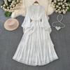 Korean Fashion Elegant Retro Lace Puff Sleeve Long Dress Solid Color Single Breasted Ruffles Bow Autumn Women Dress