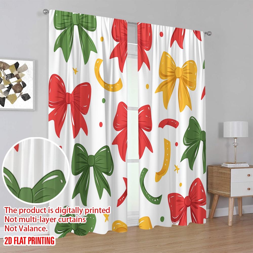 2pcs  2D plane printing Curtains Christmas Bows Ribbons Gift (4) Versatile Durable Polyester (without rod) Gifts for Bedroom and