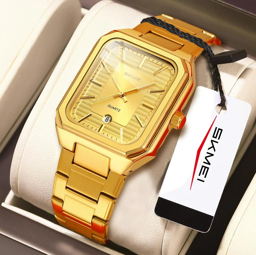 SKMEI Luxury Business Square Quartz Watches Classic Stripe Design Dial with Stainless Steel Band Wristwatch for Men