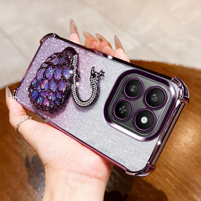 KEYSION Shockproof Plating TPU Phone Case for HONOR X7d 5G Glitter Jewelled Swan kickstand Back Cover for Honor 400 Smart 5G