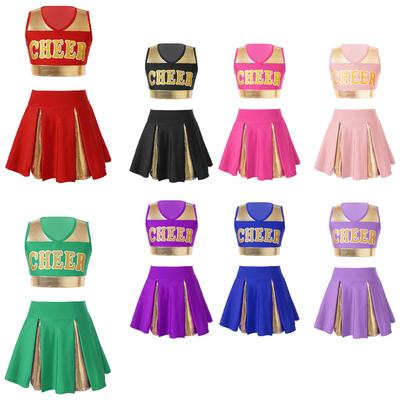 Kinder Mädchen Cheerleading Tanzkleidung Set Ärmelloses Crop Top mit Buchstabenaufdruck und Rock Cheer Uniform