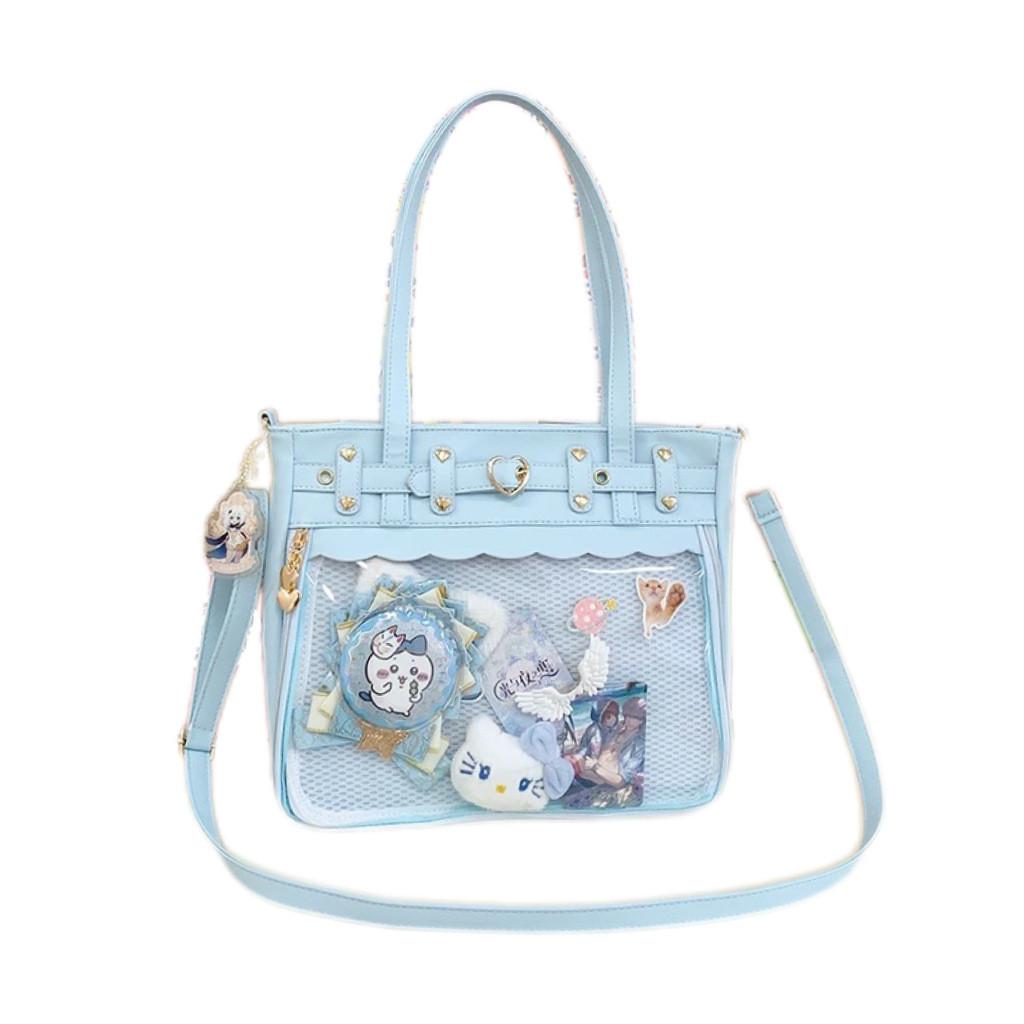 Color Solid Heart Shaped Decor Women Tote Bag With Transparent Compartment