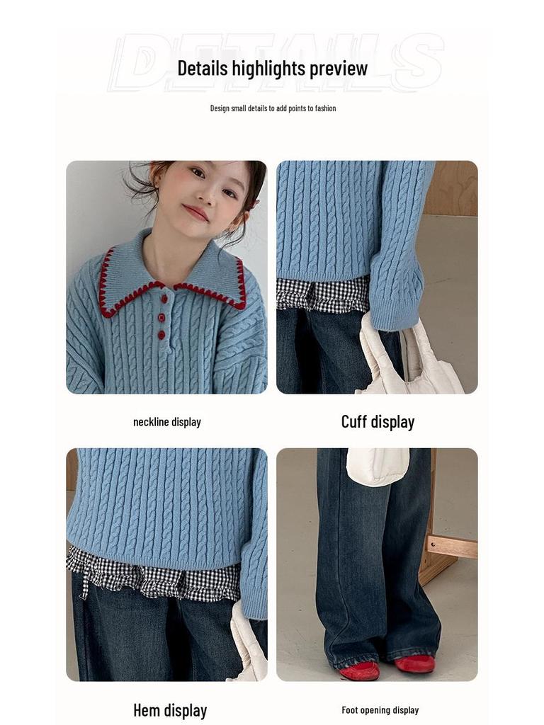 Mädchen 2025 Fleecegefüttertes Pullover- & Jeans-Set - Stilvolles Herbst-/Winter-Outfit für große Kinder