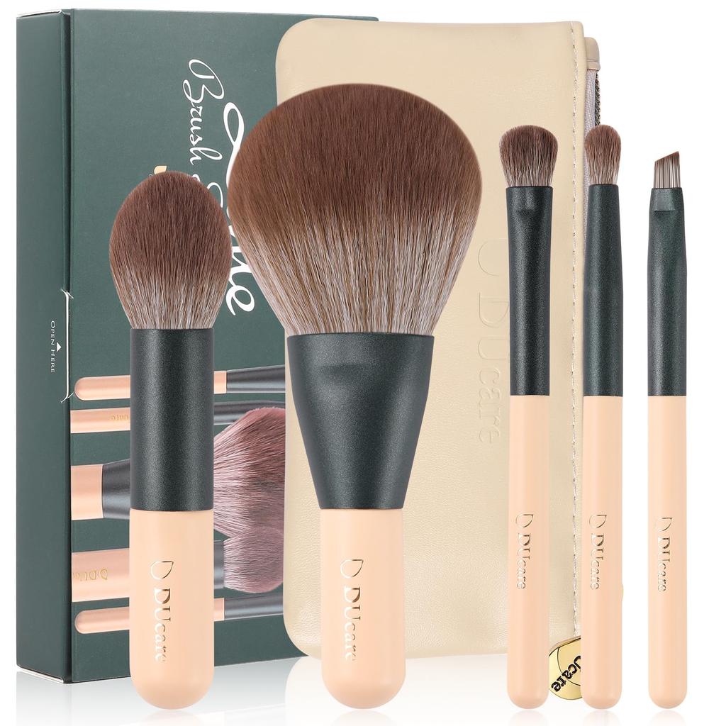 DUcare Portable Makeup Brush Set of with PU Storage Premium Fiber Fluffy Powder Blush Eyeshadow Eyebrow Portable Makeup Popular Cute Brush Set 5,