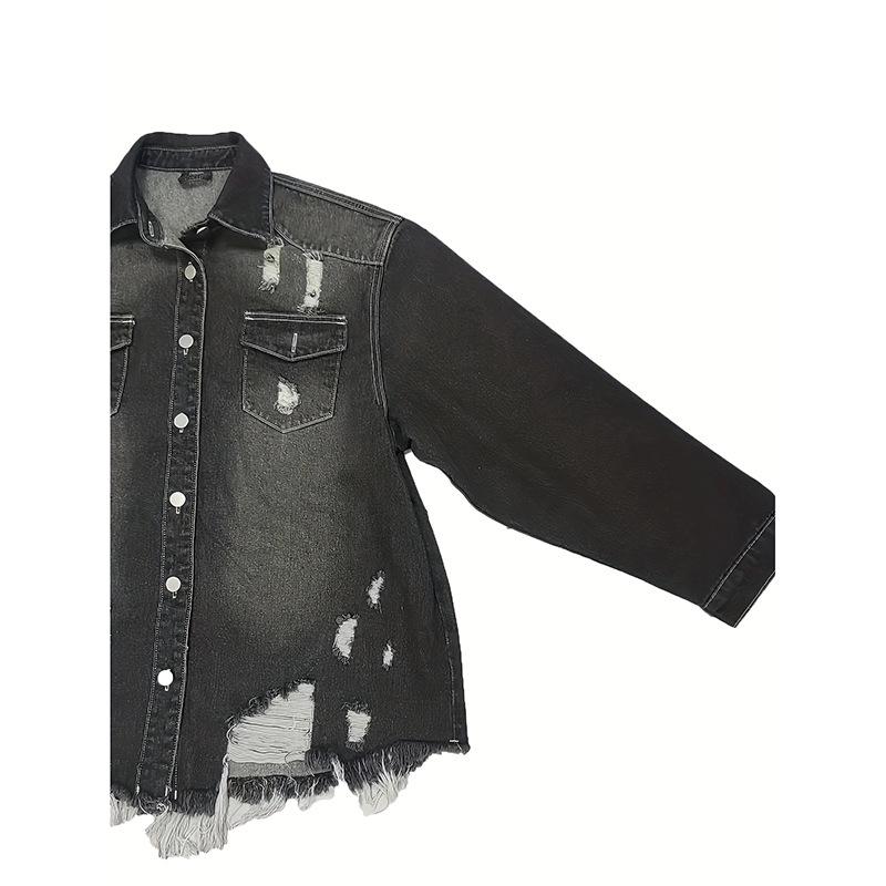 Women's Plus Size Ripped Denim Jacket - European & American Style, Loose Fit