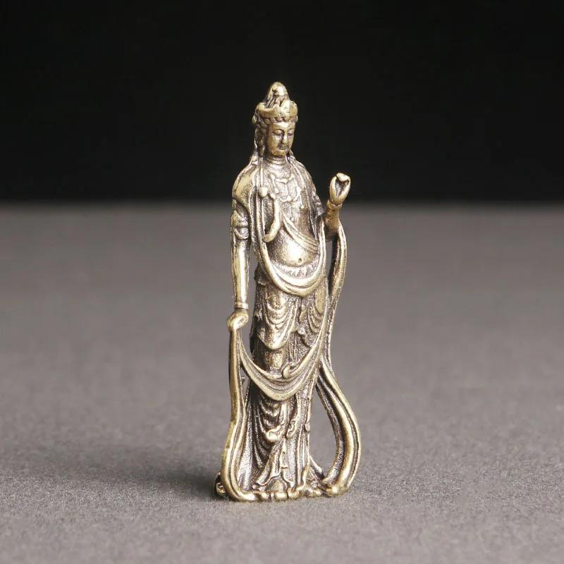 Statue de Bodhisattva Guanyin en laiton, ornements de bureau, décoration de salon, figurines de Bouddha religieuses en cuivre, accessoires d'artisanat