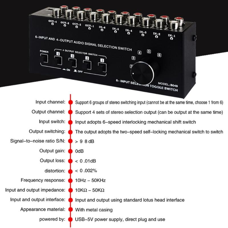 6 in 4 Out Sound Switcher Stereo Sound Switching Signal Source Switcher Selector Splitters Box Sound Signal Switching