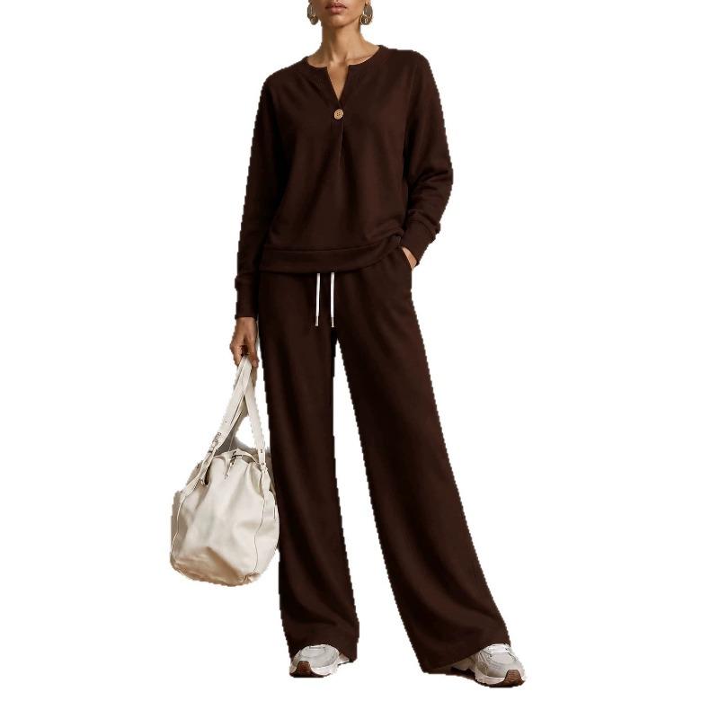 Damen Zweiteiliges Set Langarm-Sweatshirt und Weite Hosen Einfarbig Lässig