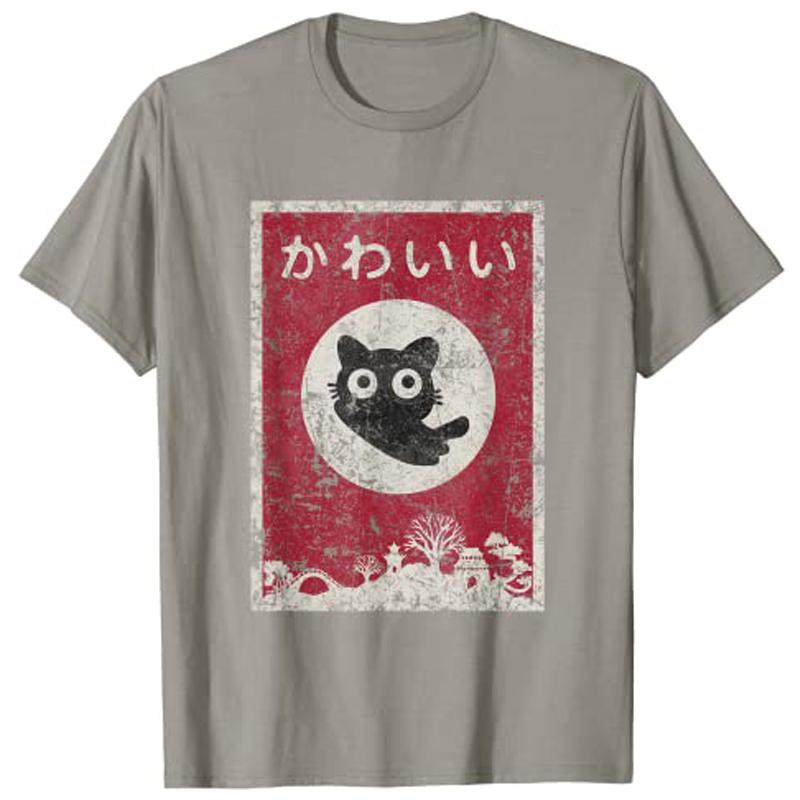 Кавайная Кошка Японская Черная Аниме Кошка Футболка T-Shirt Женская Одежда Y2k Унисекс Га Графическая Одежда Повседневные Топы Мультяшная Футболка Личная S