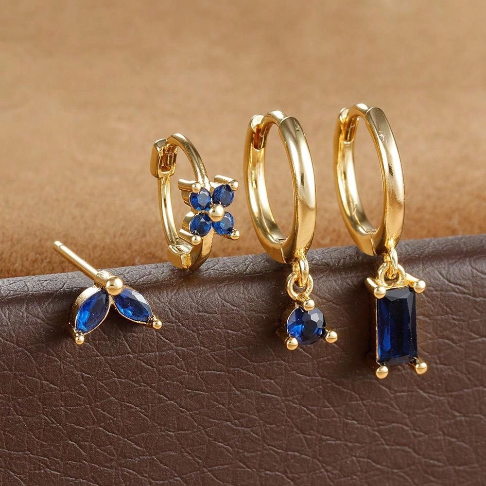 4pcs Fashion Cubic Zirconia Flower Hoop Earrings Set 18K Gold Plated Stainless Steel Stud Earring Piercing Jewelry Aretes Mujer