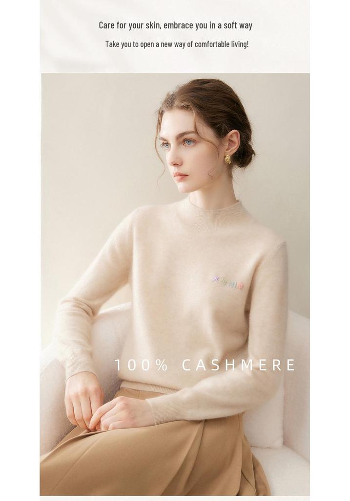 Women's Pure Cashmere Half-High Neck Embroidered Sweater - Loose Fit Knitwear for Autumn/Winter