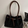 Suede Textured Tote Shoulder Bag For Women, Large Capacity Buckle Decor Hobo Purse, Retro Commute Handbag