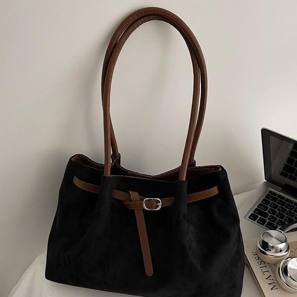 Suede Textured Tote Shoulder Bag For Women, Large Capacity Buckle Decor Hobo Purse, Retro Commute Handbag