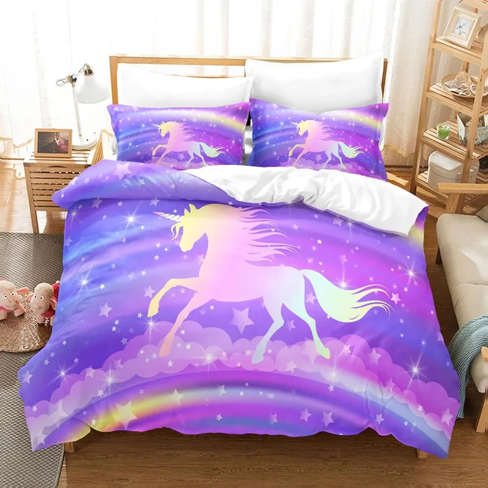 Rainbow Unicorn King Queen Bedding Set Cartoon Animal Magic Animals Bedding Set For Kids Teen Cosmic Fantasy Double Full Size