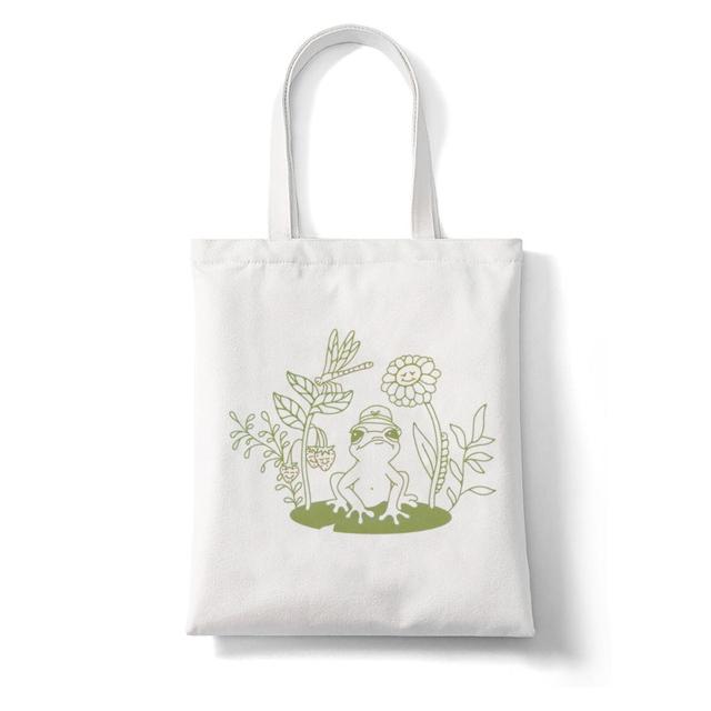 Cartoon Frog Print Women Shopping Bag Funny Animal Pattern Large Capacity Tote Aesthetics Shoulder Bag Eco Canvas Bag Handbag