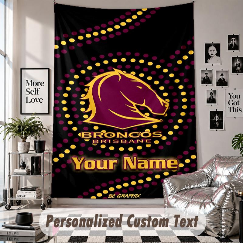 Wall Hanging Tapestry With Custom Name & Text, Brisbane Broncos Decorative Tapestry For Bedroom
