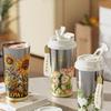 Van Gogh Style Flower Coffee Mug 500ml Stainless Steel Vacuum Flask Straw and Directly Drinking Insulated Tumbler Thermal Cup