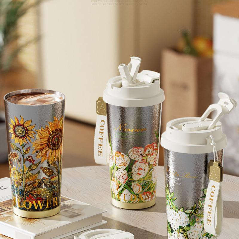 Van Gogh Style Flower Coffee Mug 500ml Stainless Steel Vacuum Flask Straw and Directly Drinking Insulated Tumbler Thermal Cup
