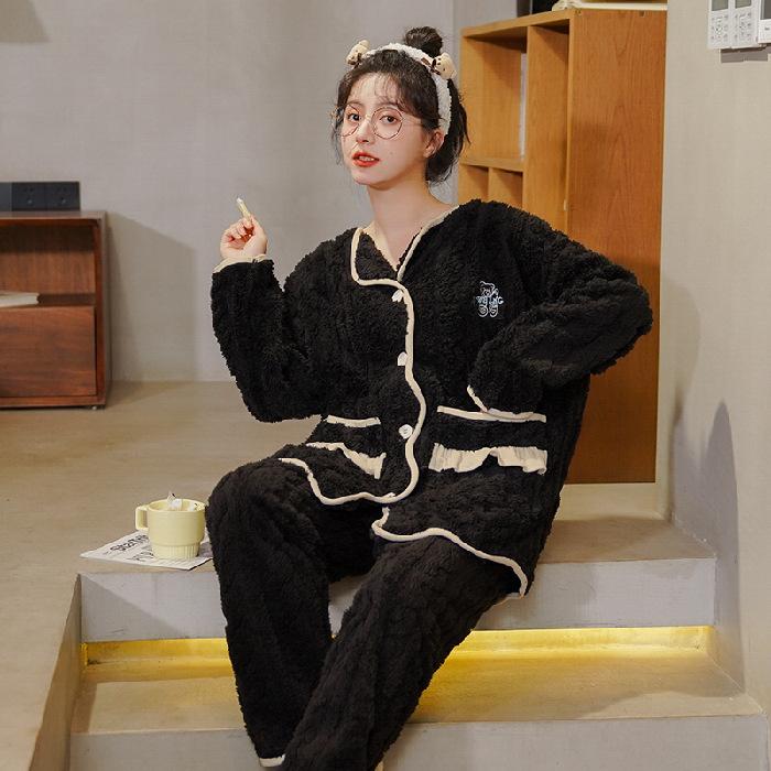 Coral Fleece Thickened Pajamas Women Autumn Winter Plush Added Sweet Cute Pink Girl Flannel Home Clothes Set Casual Nightwear