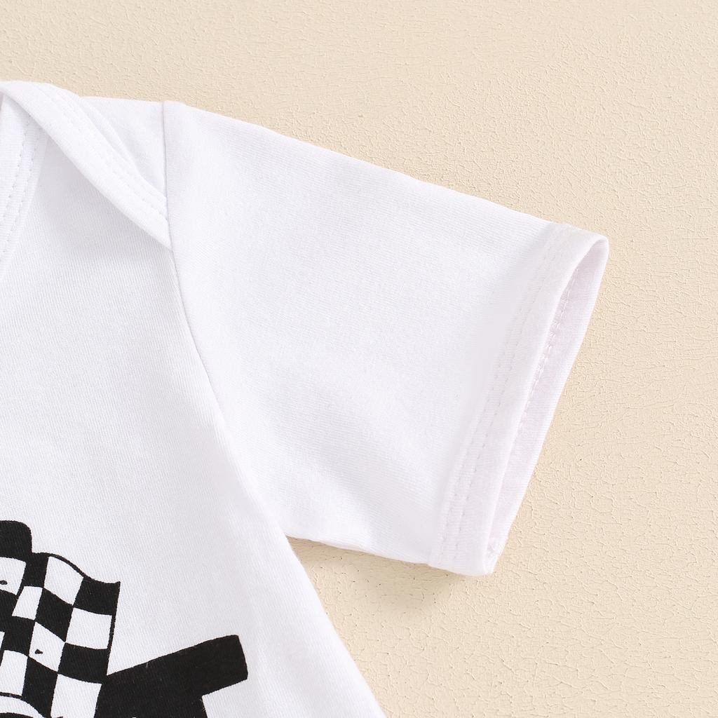 Baby Jungen Erstgeburtstags-Outfit, Kurzarm Strampler mit Rennfahrer-Print und karierter Hose Sommer-Outfit