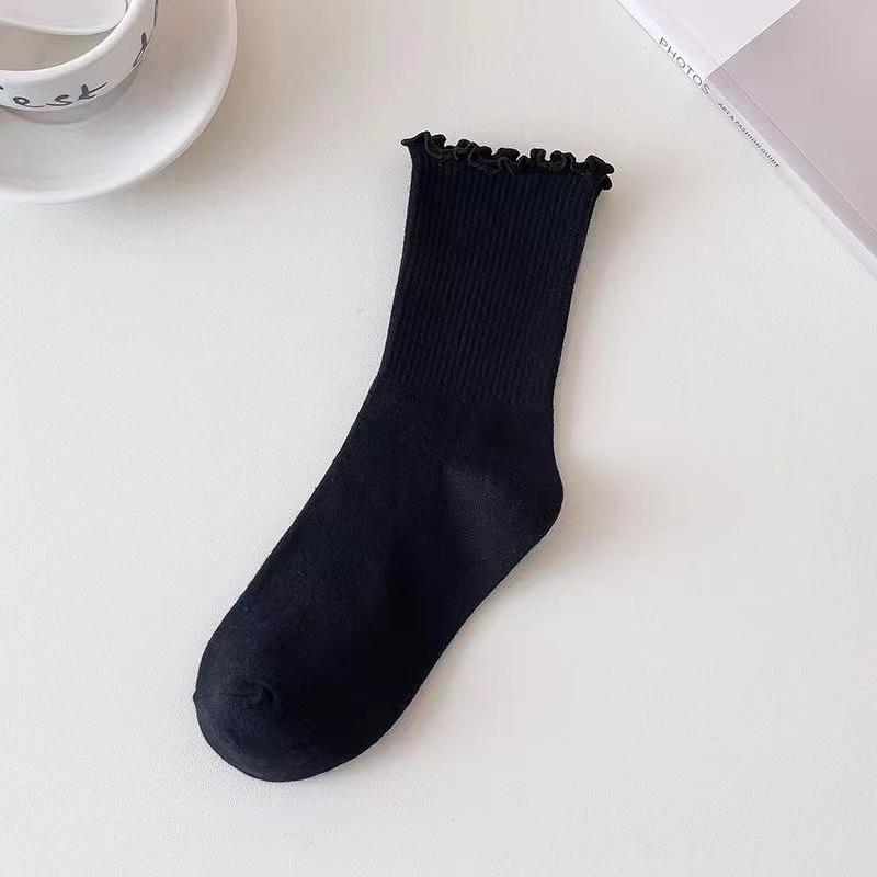 5 Pairs/Lot Ruffled Mid Length Socks Women's Breathable Solid Color Set Spring and Autumn Comfort Sweat-absorbing Girls' Socks