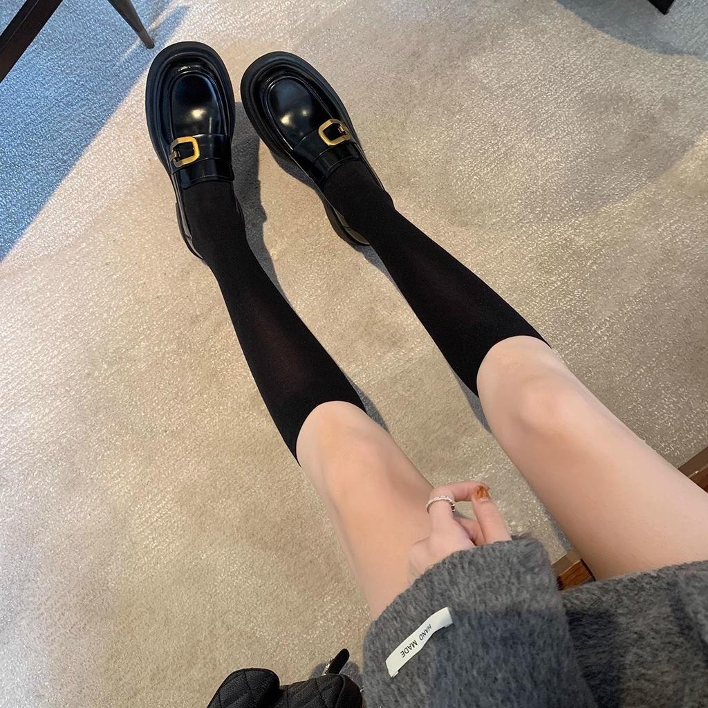 Rindslederversion~ Traubenmutter echtes Leder edle goldene Schnalle eckige runde Spitze britisches Stil faule dicke Absatz Slipper Damen kleine Lederschuhe