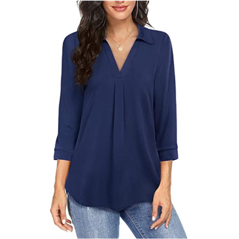 2025 Elegant Chiffon V-Neck Women's Shirt - Three-Quarter Sleeves, Solid Color