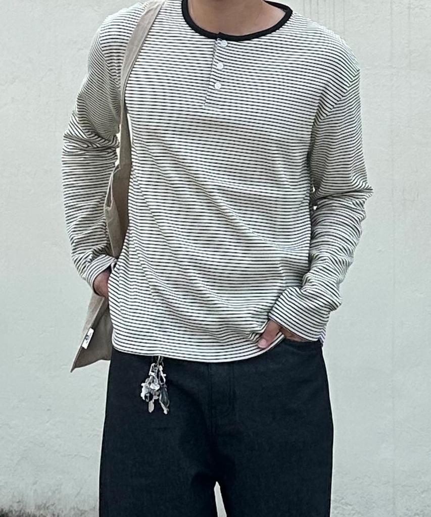 BASEMOMENT Striped Henley Neck Ribbed Tee Ivory