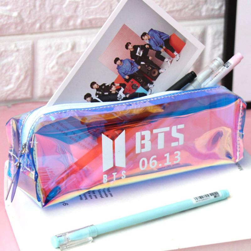 Bts Pencil Case Stationery Box Laser Transparent Large Capacity Primary School Universal Storage Bag