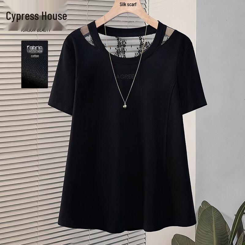 Women s Round Neck Lace Patchwork T-shirt L чёрный