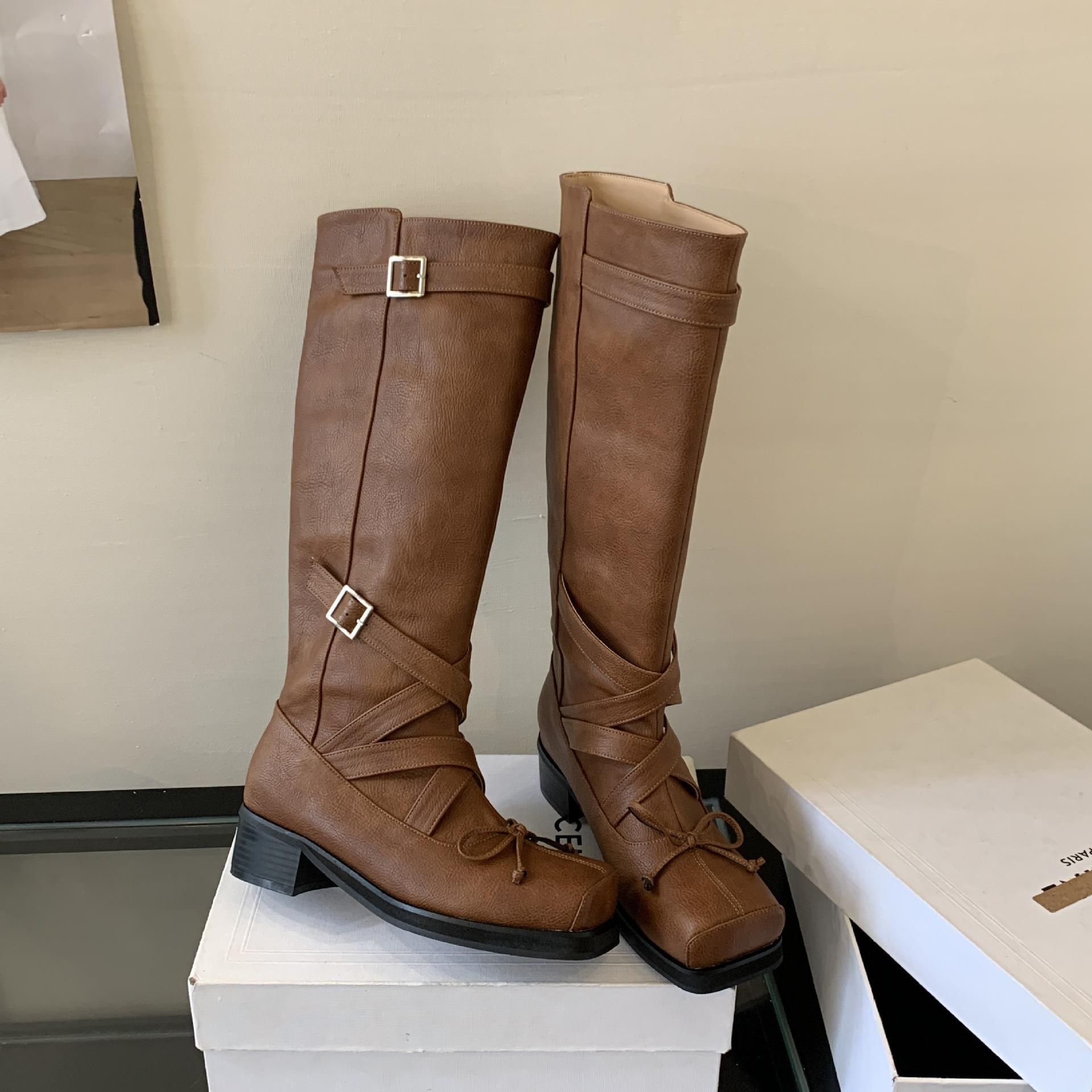 

2025 autumn and winter new square head ballet square head thick heel high knight boots but knee fashion boots long boots women 39 коричневый