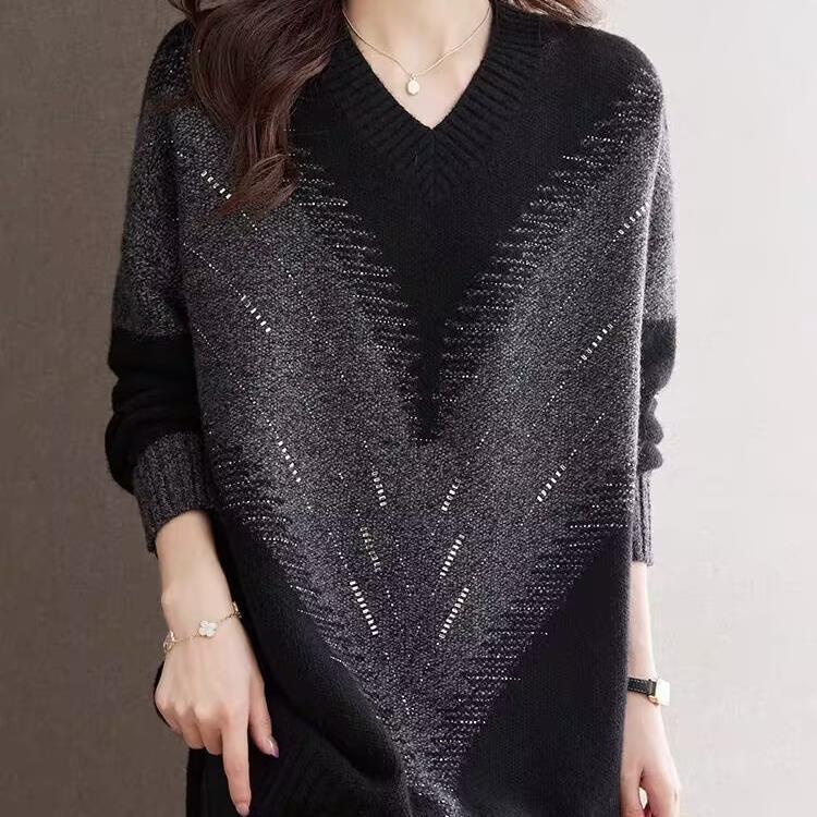 Modischer V-Ausschnitt Bügelpullover für Damen Locker Gestrickter Pullover Herbst und Winter Neu Große Größe Oberbekleidung Basis-Shirt