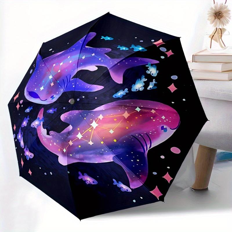 1pc Two Whale Sharks Cartoon Umbrella, Portable 3-Fold Compact Umbrella, Suitable for Camping, Hiking and Travel, Ideal Easter Birthday Gift for