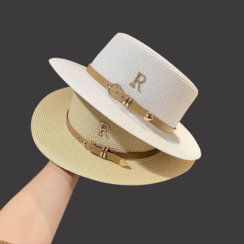 Women's Retro British Style Sun Hat with Rhinestone Letter & Leather Belt