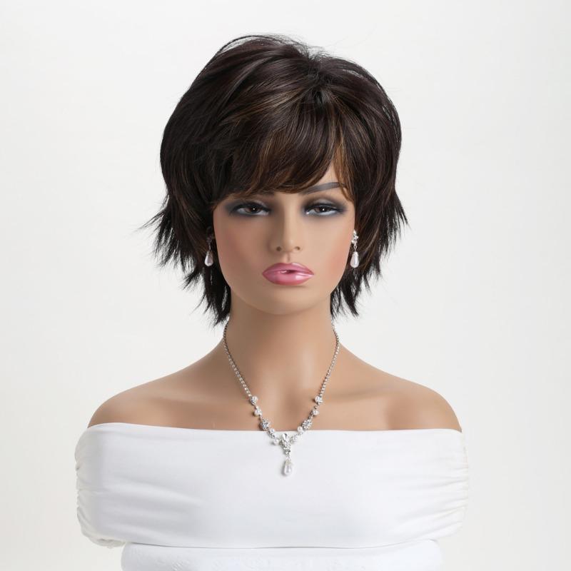 

Короткие парики для женщин Синтетические волосы Натуральные прически Парик для мамы Смешанный коричневый цвет Повседневный парик с челкой Стрижка пикси Наряды Парики