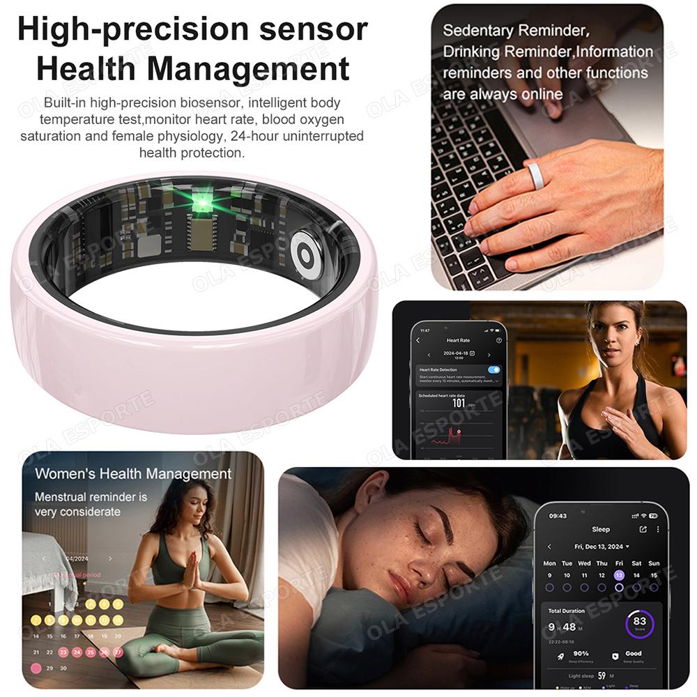 New Smart Ring With Box Heart Rate Stress Monitoring Men Womenes Smartring Gesture Control Waterproof Health Sports Rings