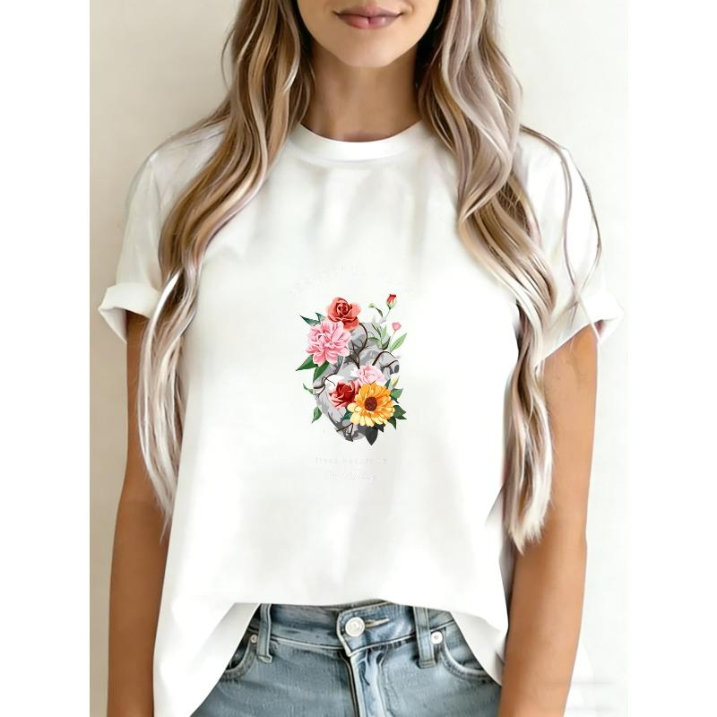 T-Shirt mit Blumendruck Weißes Rosen-Sonnenblumen- und Blätterdesign für Freizeitkleidung
