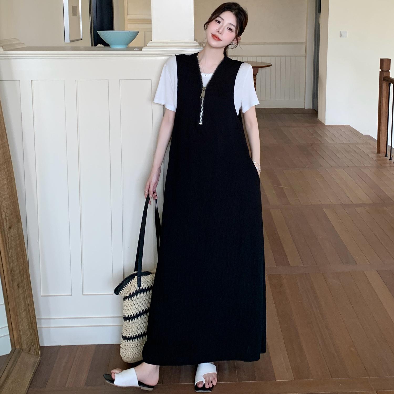 

DIMANAF 2025 Summer Plus Size Dress Women Vintage Dress Basic Long Elegant Loose Casual Zipper Dress L чорний