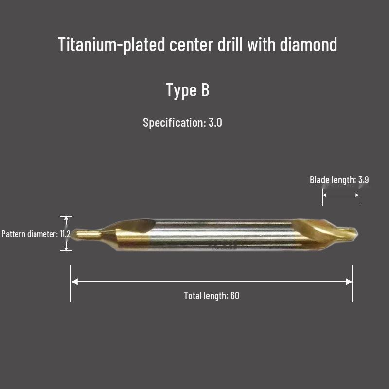 Cobalt-Coated Titanium Spiral Center Drill, Extended High-Speed Steel, Type A & B, Fully Ground Stainless Steel Locating Point