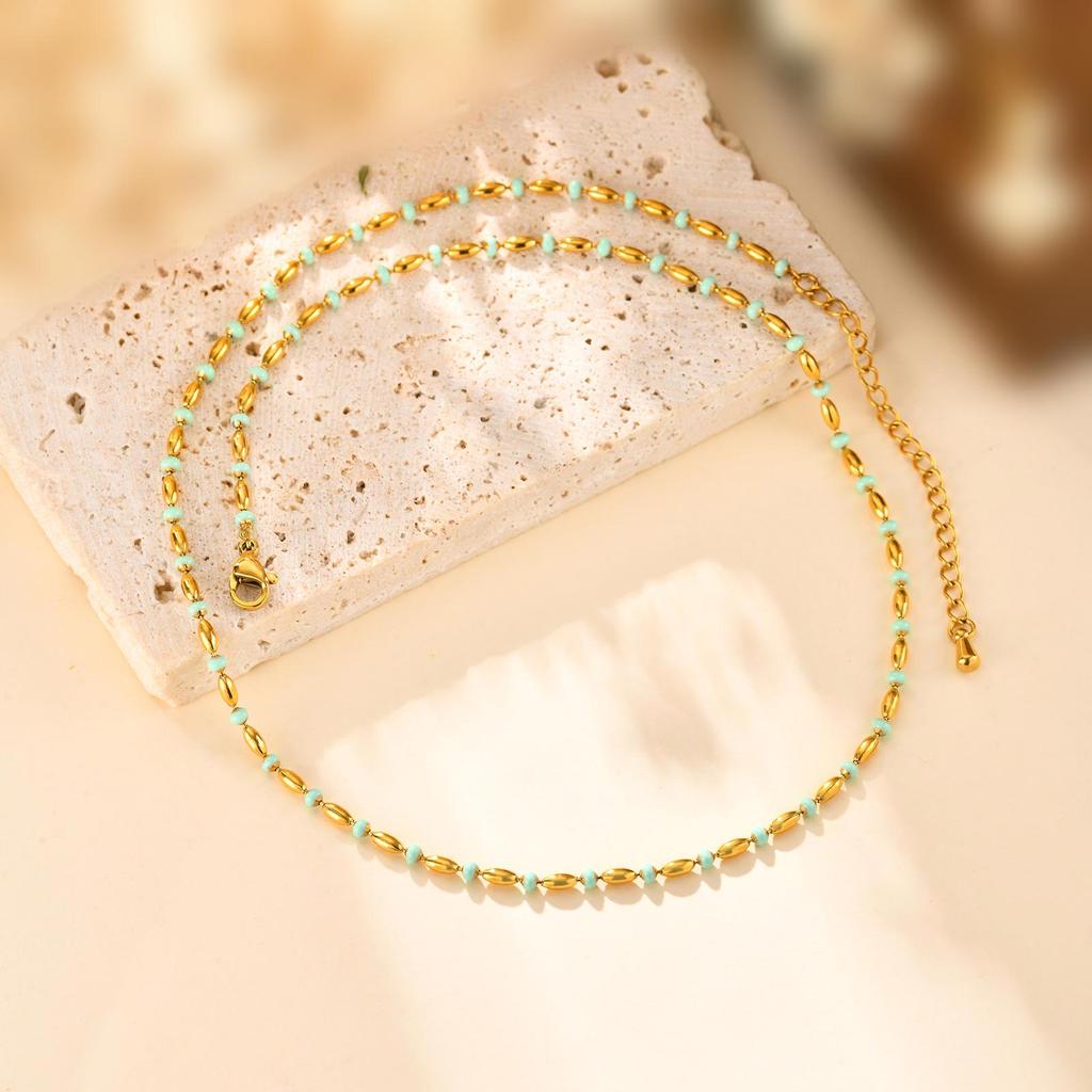 Dainty Green Rice Bead Necklace for Women,18K Gold Plated Stainless Steel Necklaces,Trendy Jewelry Gifts